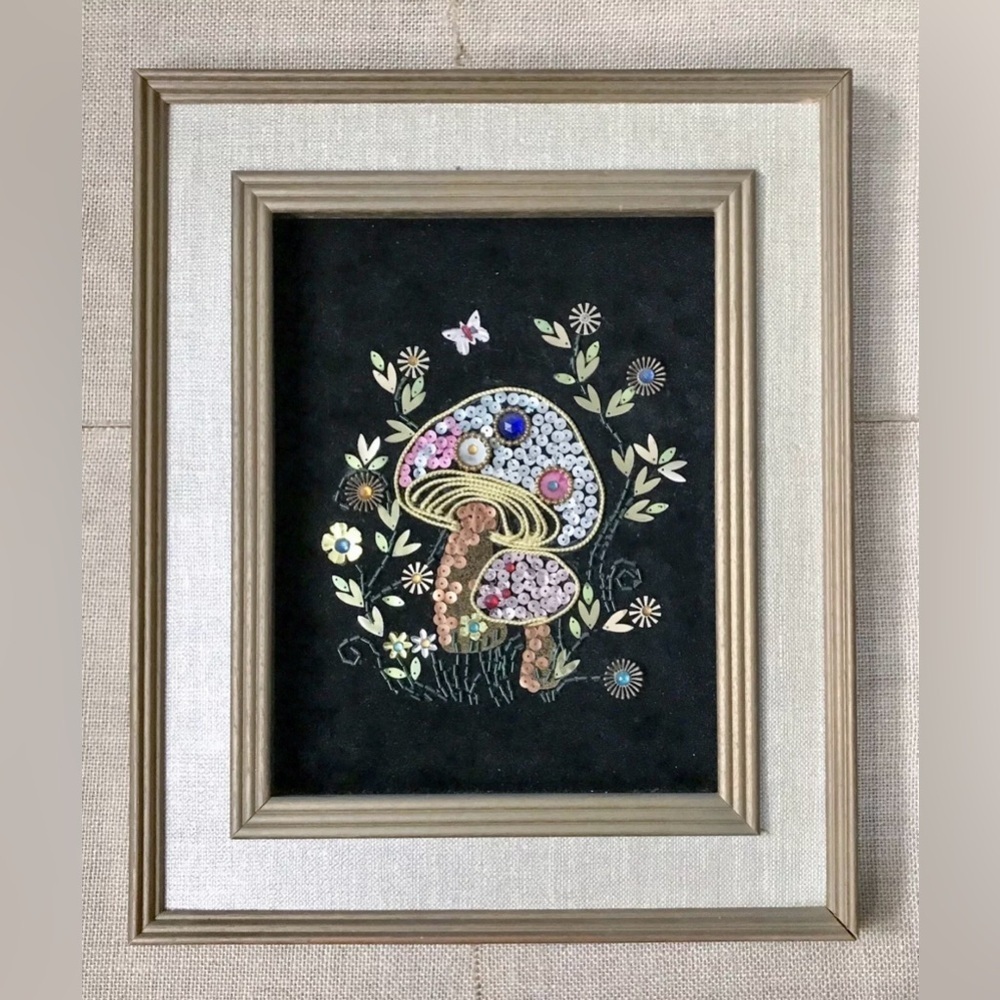 Vintage Mushroom Mixed Media Art On Velvet Whimsical Goblin Gremlin Fairy Core